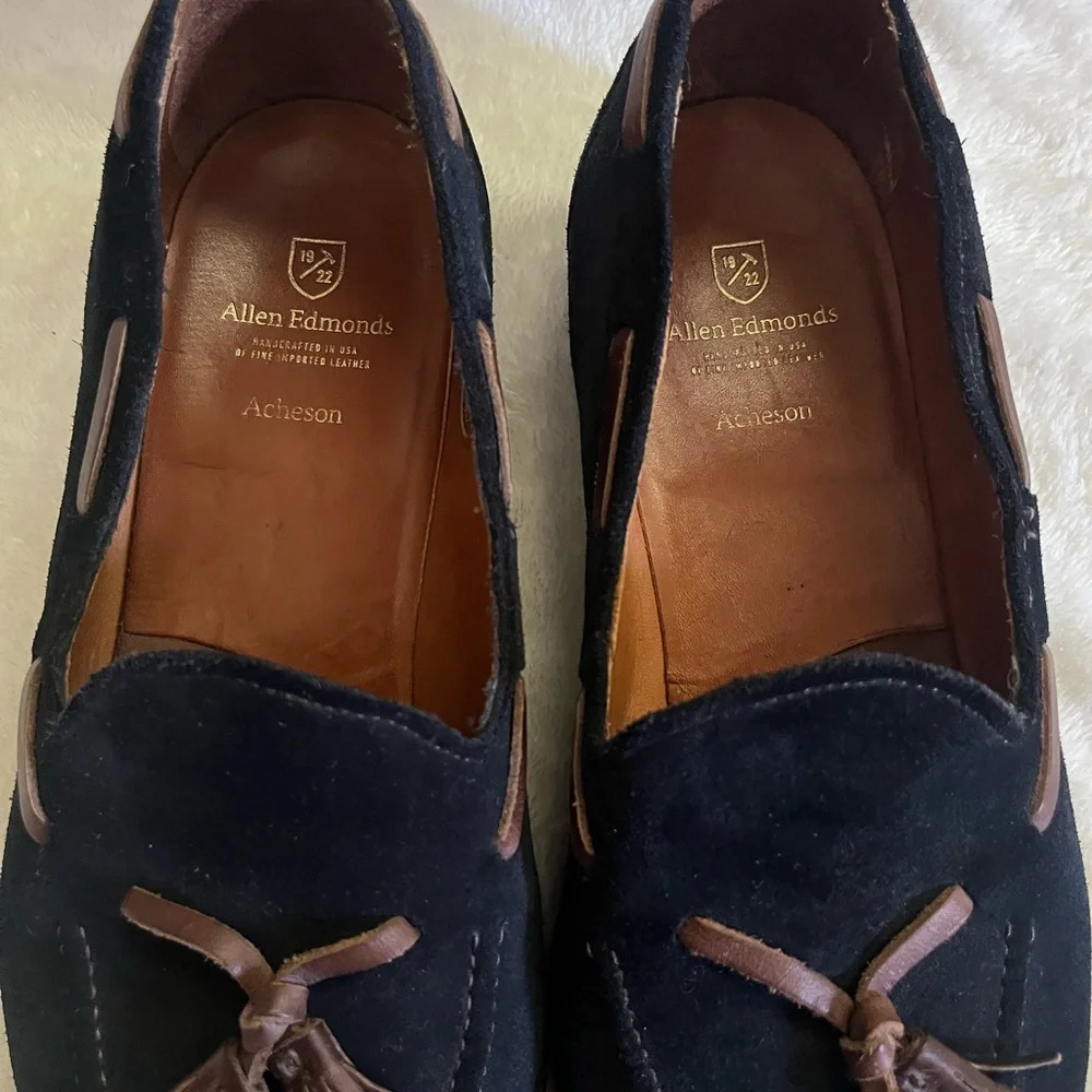RARE MODEL | ALLEN EDMONDS 11E NAVY BLUE SUEDE ACHESON TASSEL LOAFER DRESS SHOES - Picture 8 of 13